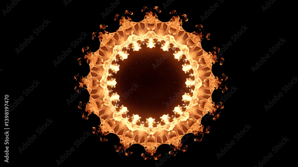 Poster fiery mandala with intricate patterns and a dark center against a black background design element