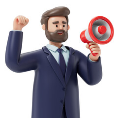 Man with megaphone and raised fist, symbolizing announcement or motivation. 3D rendering, conceptual image. Isolated on white background.