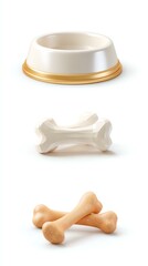 Dog accessories including bowl and bones.
