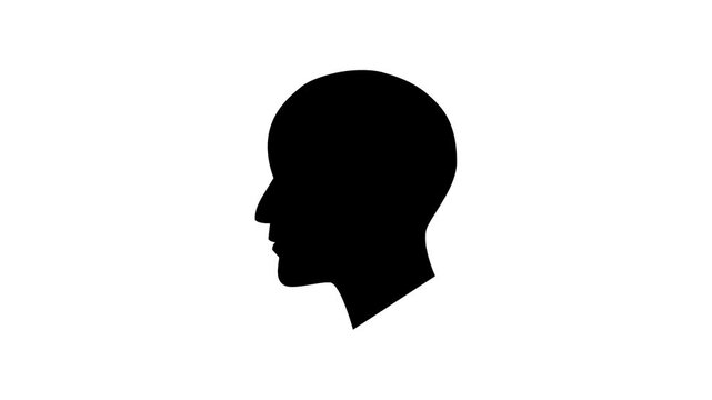 Head silhouette pop up animation in white background. Black head illustration alpha channel