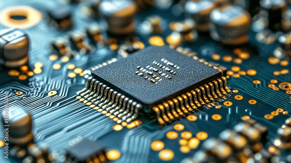 Poster close-up of microchip on circuit board: technology's intricate design, a detailed view of a microchi