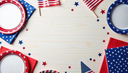Obraz premium Patriotic decorations. USA-themed disposable plates and stars for Independence Day celebration