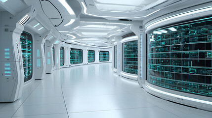 Futuristic White Technology Corridor With Glowing Screens