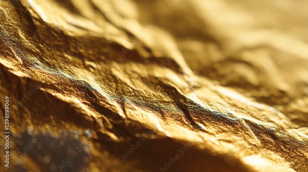 Poster close up of wrinkled golden foil texture with bright highlights and dark shadows creating depth