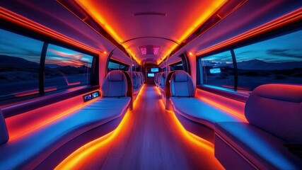 Luxurious Transport Interior: Inside a passenger vehicle, bathed in the warm glow of color-changing ambient lighting, offering a glimpse into modern travel.