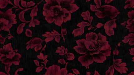 A dark burgundy floral print on black fabric.