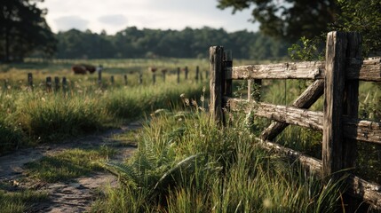 Rustic Wooden Fence in a Summer Pasture with Cattle GrazingDistant Green Field