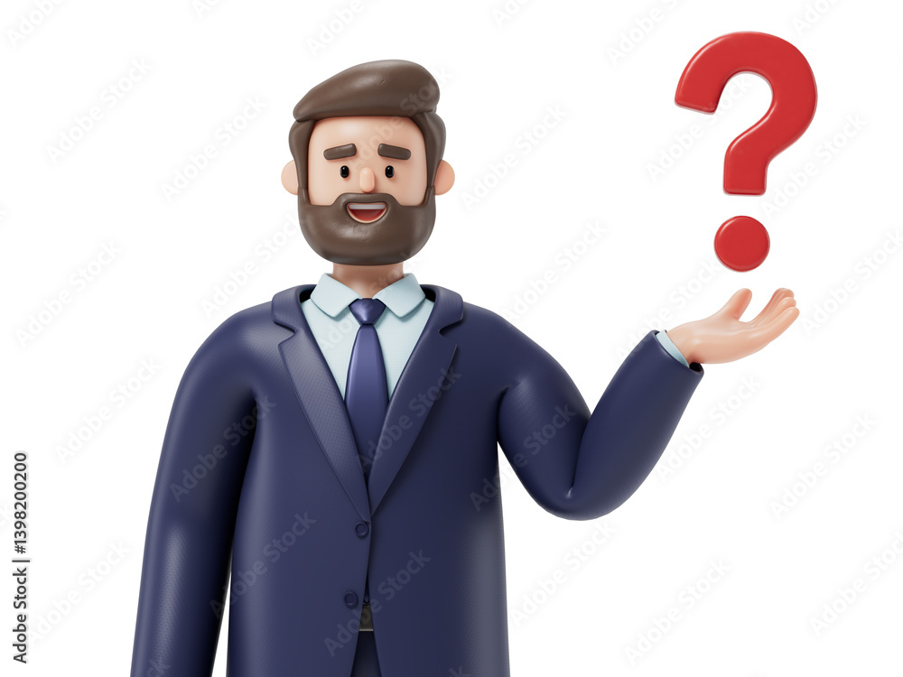 Poster man presenting a question mark, symbolizing inquiry or seeking answers. 3d rendering, conceptual ima