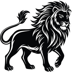 Bold Lion Silhouette Isolated On White, Majestic Mane, Detailed Fur, Elegant Animal Art