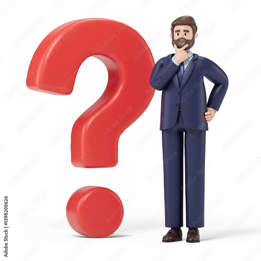 Poster man with hand on chin by a question mark, symbolizing critical thinking or problem-solving. 3d rende