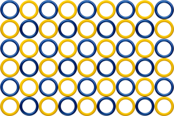 Seamless Geometric Pattern with Blue and Yellow Circular Rings on White Background.