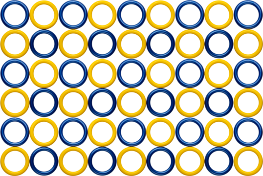 Seamless Geometric Pattern with Blue and Yellow Circular Rings on White Background.