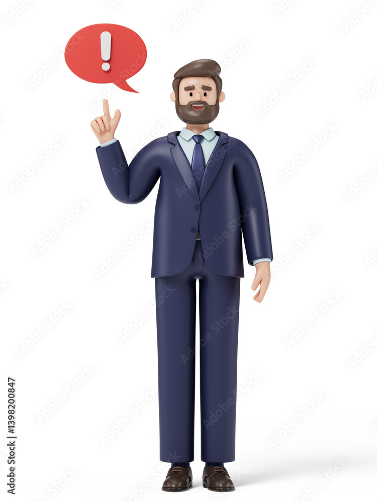 Poster man with exclamation bubble, symbolizing a sudden idea or realization. 3d rendering, conceptual imag