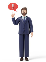 Man with exclamation bubble, symbolizing a sudden idea or realization. 3D rendering, conceptual image. Isolated on white background.