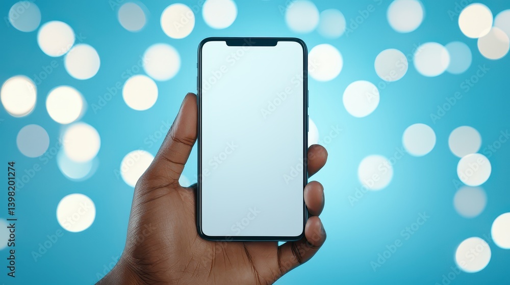 Poster hand holding cell phone with blank screen, versatile template for mobile app or website design showc