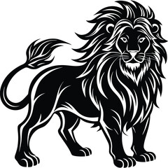Lion Silhouette Illustration, Detailed Mane, Strong Paws, Black on White Background, Feline