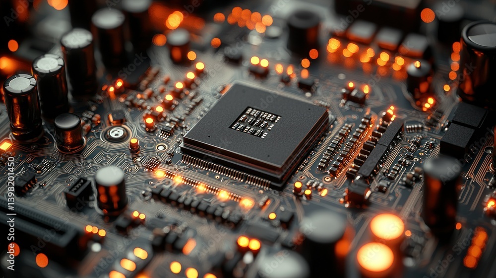 Poster close-up of illuminated circuit board motherboard with central processing unit