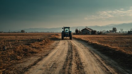Fototapeta premium Tractor on a Rural Dirt Road at Sunset Countryside Farmland Scene