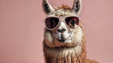 Llama in sunglass shade glasses isolated on a solid pastel background.