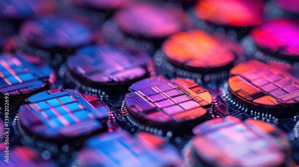 Poster close up view of vibrant colorful microchips on a circuit board showcasing technological advancement