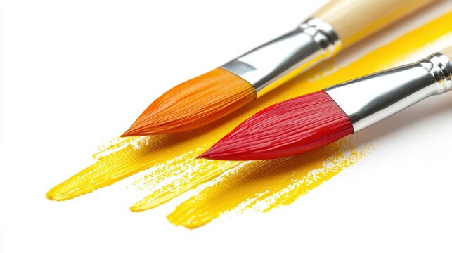 Two paint brushes dripping with vibrant yellow and red paint, a colorful start to artistic creation - Powered by Adobe