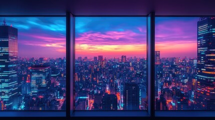 A Vibrant City Skyline Viewed Through Large Window Panes