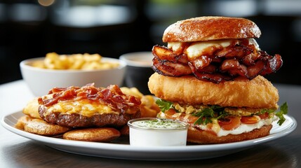 A mouth-watering gourmet burger stack featuring crispy bacon, served with sides, presenting an indulgent meal that tempts the taste buds and excites food lovers.