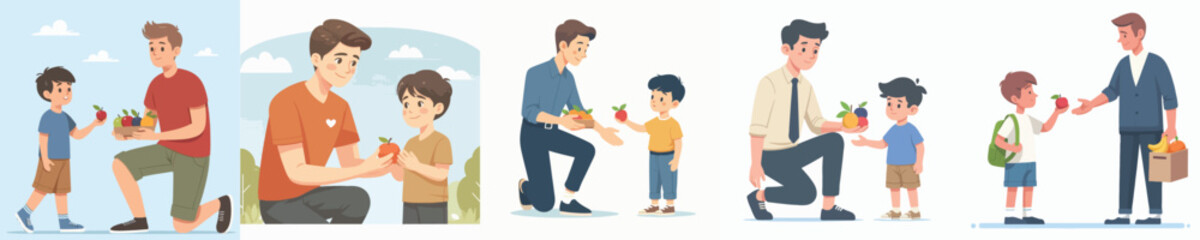 vector of little boy sharing fruit with young man