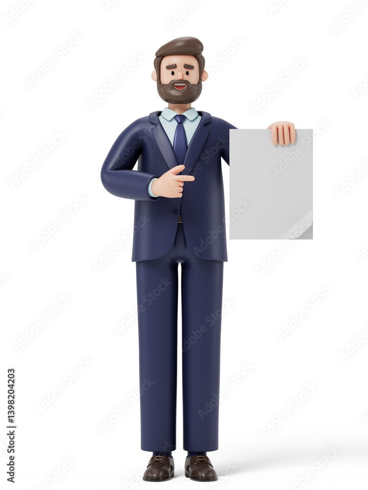 Poster man in business attire holds a blank paper, symbolizing potential and opportunity. 3d rendering, con