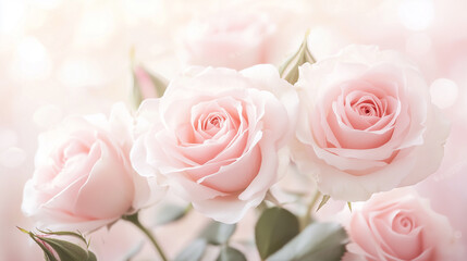 Soft pink roses blooming in a romantic pastel background