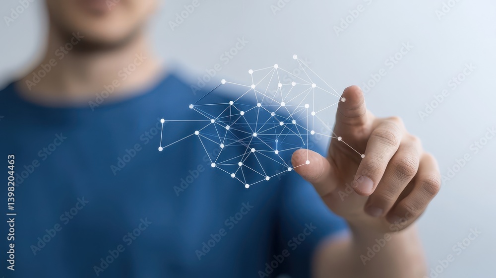 Poster man holding illuminated network icon, symbolizing global communication and technological advancement