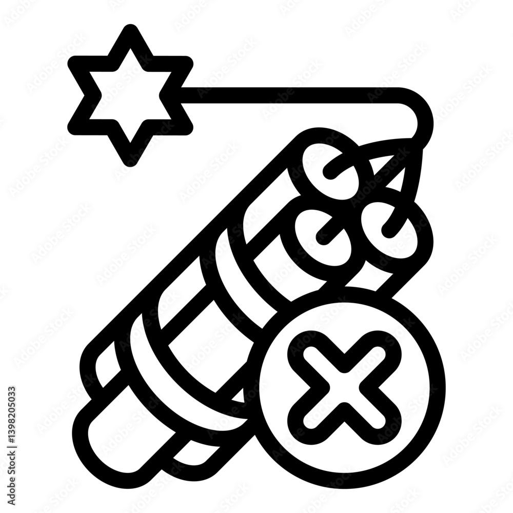 Poster dynamite sticks with fuse ban line icon, prohibited items concept. vector graphics. burning dynamite