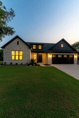 Obraz premium Beautiful modern home with warm lights glowing at dusk, surrounded by lush green grass, showcasing elegant architecture and inviting ambiance perfect for family gatherings