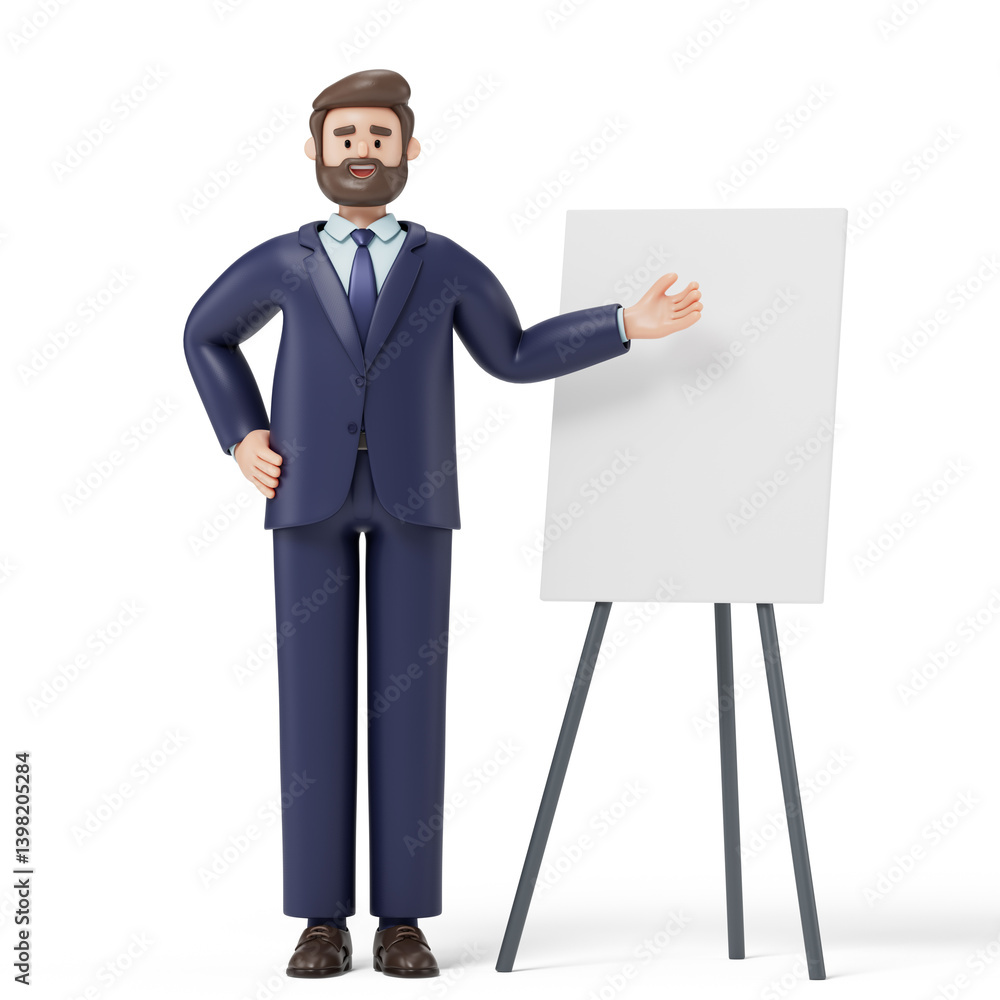 Poster a man stands with a blank white canvas, symbolizing the preparation for a presentation or the introd