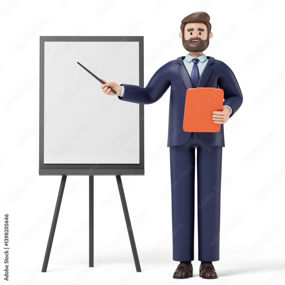 Poster a man with a blank whiteboard, holding a pointer in one hand and an orange folder in the other, symb