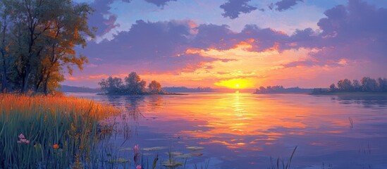 Naklejka premium Serene Sunset Over Calm Lake