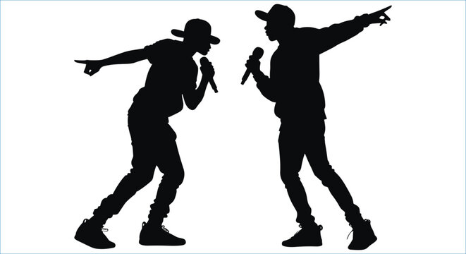 Rappers singing with microphones vector silhouettes. Two rappers holding microphones black silhouettes
