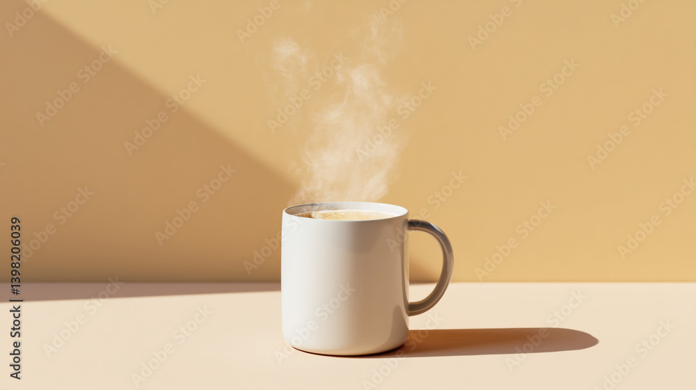 Poster a steaming mug of hot beverage sits on a surface with a beige backdrop and a shadow casting down