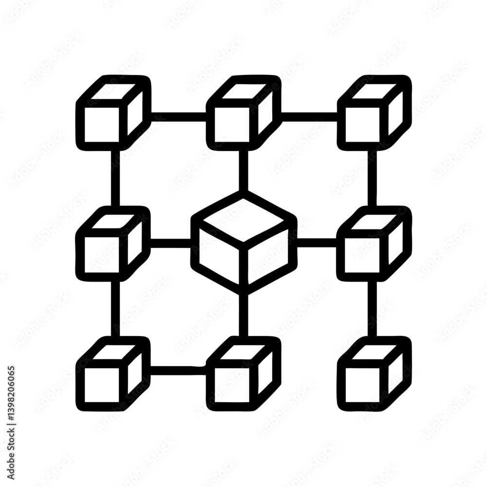 Poster blockchain network diagram vector illustration with connected cubes and nodes