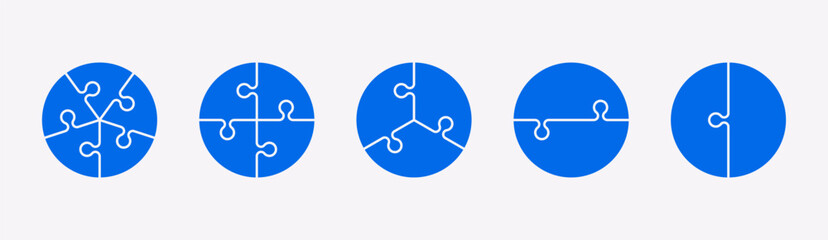 Puzzle pieces in a circle shape isolated. Vector illustration. Jigsaw puzzle game. Blue color. Five, four, three or two components.