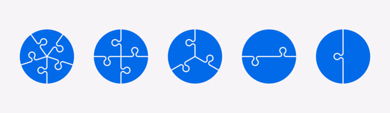 Puzzle pieces in a circle shape isolated. Vector illustration. Jigsaw puzzle game. Blue color. Five, four, three or two components.