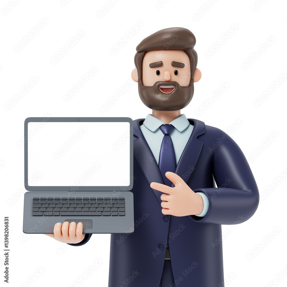 Poster a man holds a laptop with a blank screen, symbolizing the potential for sharing information or prese