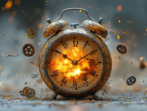 Exploding vintage mechanical clock with flying gears and springs