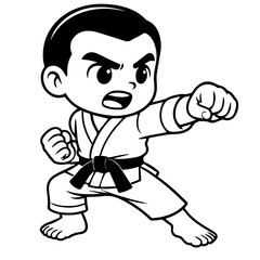 A focused cartoon boy in a karate uniform and black belt delivers a powerful punch, illustrating the intensity of martial arts training.