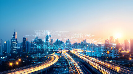 Digital Networked City Skyline At Sunset