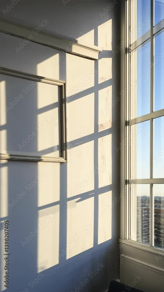 Aufkleber tranquil room interior with light and shadow patterns from a window casting on a wall with an empty 