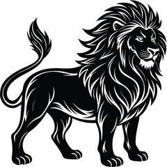 Striking Black and White Lion Silhouette, Detailed Mane, Powerful Feline Design