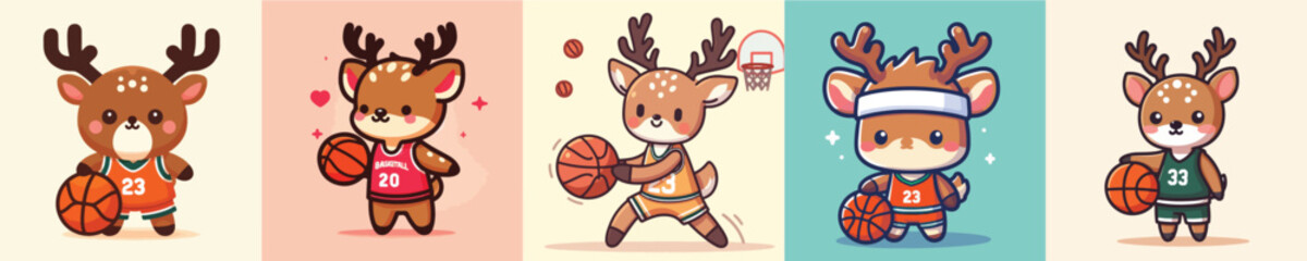 cute deer playing basketball vector collection