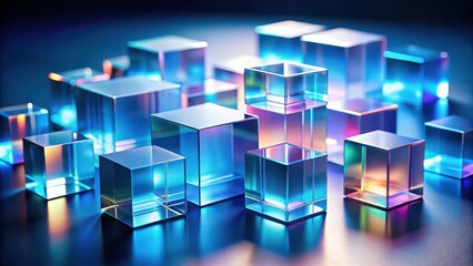 Obraz premium Abstract iridescent glass cubes arranged in a complex structure on a dark reflective surface