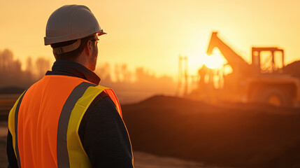 Construction worker overlooking a site at sunset, wearing a safety vest and helmet.